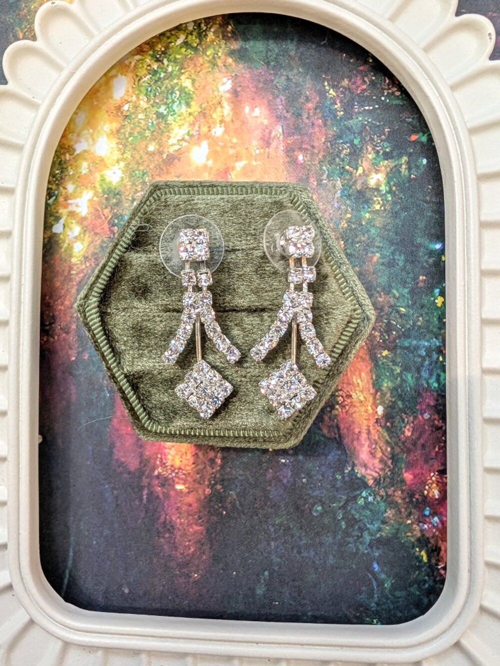 1940's - 1950's Art Deco Style Silver Tone Rhinestone Earrings, Post Back